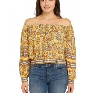 RACHEL ZOE Orange blouse top Floral & Paisley Print Balloon Sleeve Boho SZ L